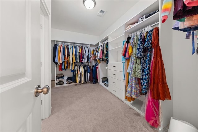 spacious closet featuring light colored carpet