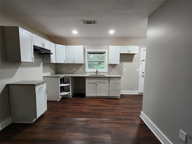 kitchen with white cabinets, dark hardwood / wood-style floors, light stone countertops, and sink