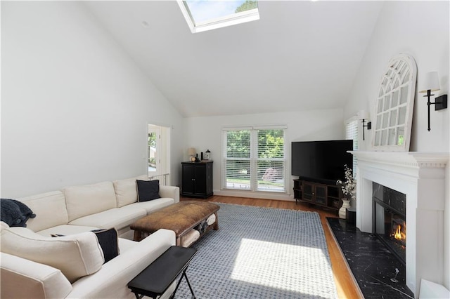 1217 Club Walk Dr NE, Brookhaven, GA 30319 - living room featuring high vaulted ceiling, wood finished floors, a premium fireplace, and a skylight