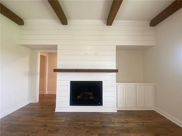 216 Montview Dr, Jefferson, GA 30549 - detailed view of beamed ceiling, wood finished floors, a large fireplace, and baseboards
