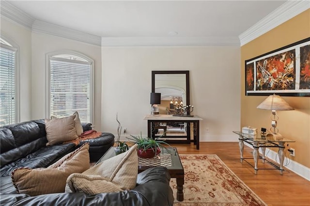 living room with crown molding and wood-type flooring