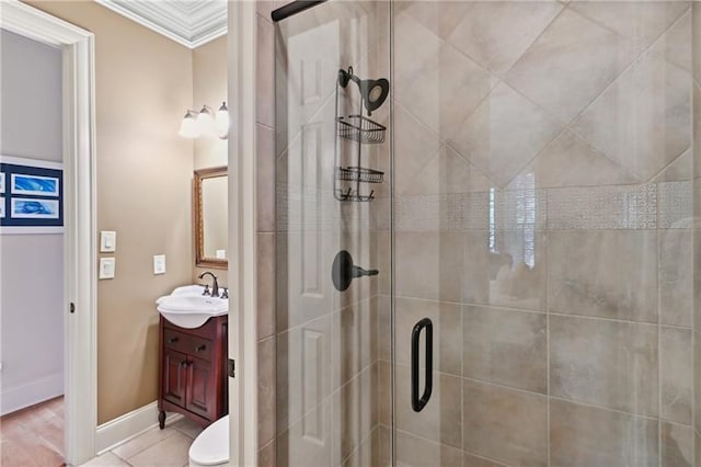 bathroom with walk in shower, vanity, toilet, and ornamental molding