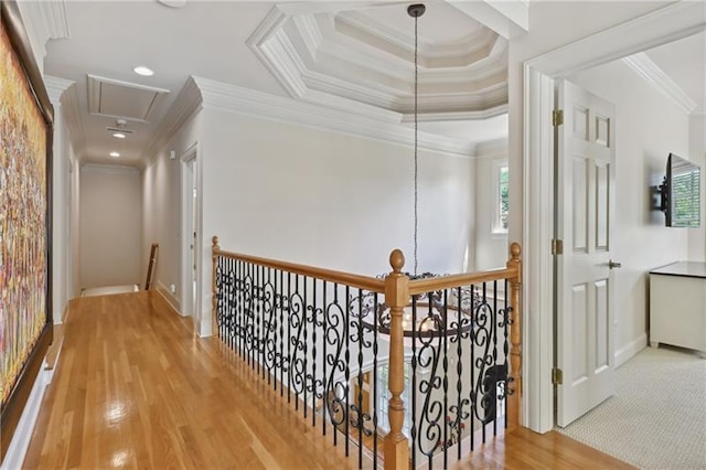 corridor with wood-type flooring, a raised ceiling, and crown molding