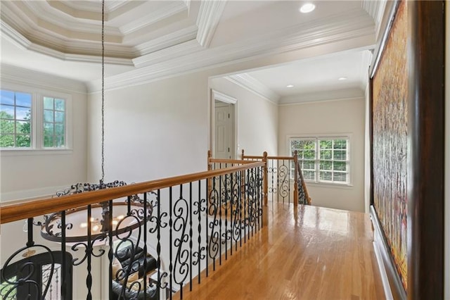 hall featuring ornamental molding and hardwood / wood-style flooring