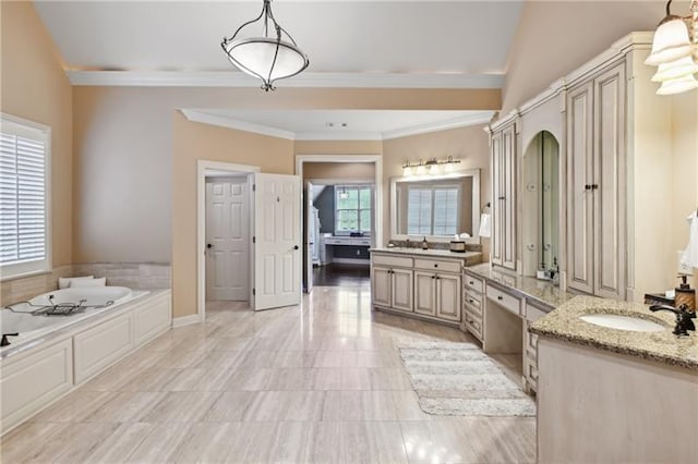 bathroom featuring a tub to relax in, vanity, and crown molding