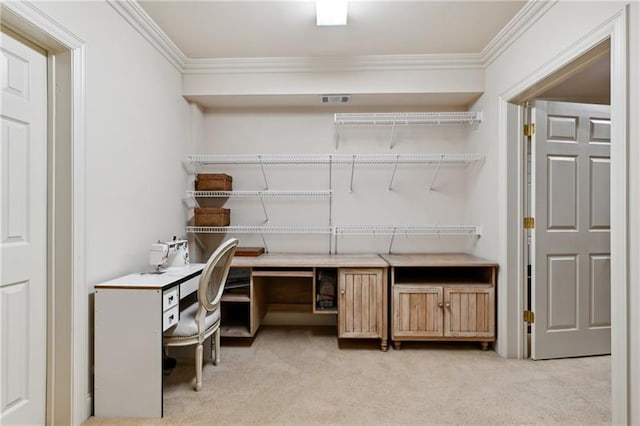 unfurnished office featuring light colored carpet and crown molding