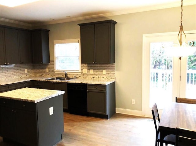 6265 Lake Windsor Pkwy, Buford, GA 30518 - kitchen with plenty of natural light, backsplash, light wood-type flooring, dishwasher, and ornamental molding