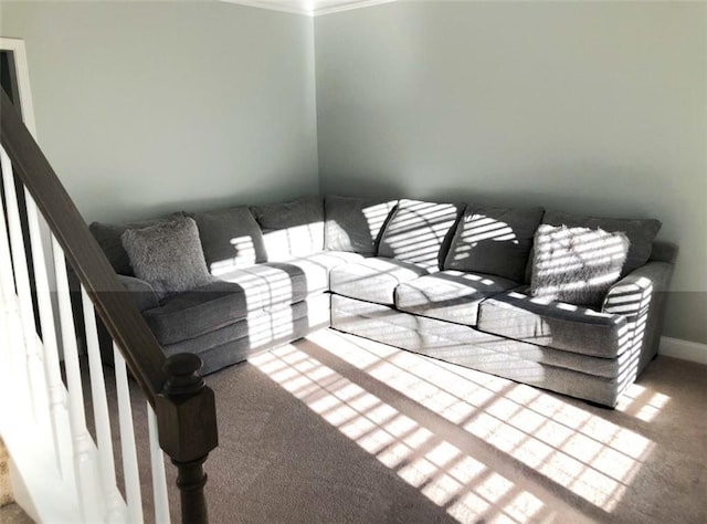 6265 Lake Windsor Pkwy, Buford, GA 30518 - carpeted living room with crown molding and stairs
