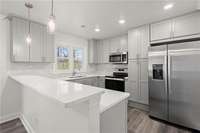 kitchen featuring a sink, stainless steel appliances, a peninsula, backsplash, and visible vents