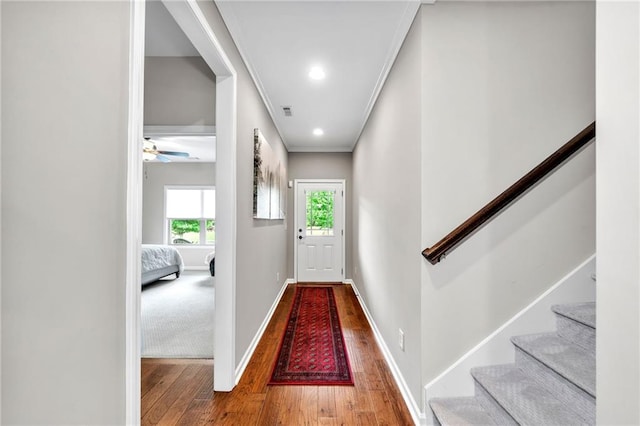 entryway featuring hardwood / wood-style floors, ceiling fan, and crown molding