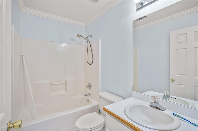 full bathroom featuring shower / washtub combination, visible vents, toilet, ornamental molding, and vanity