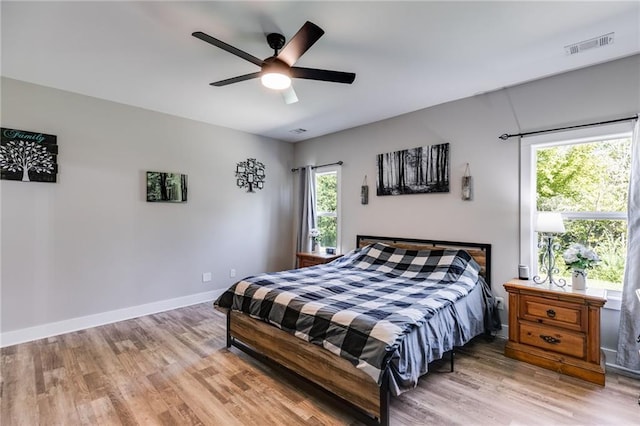 bedroom with ceiling fan and light wood-type flooring