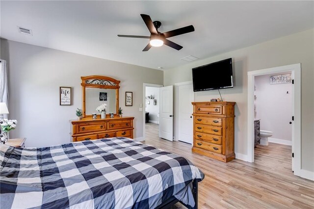 bedroom with ceiling fan and light wood-type flooring