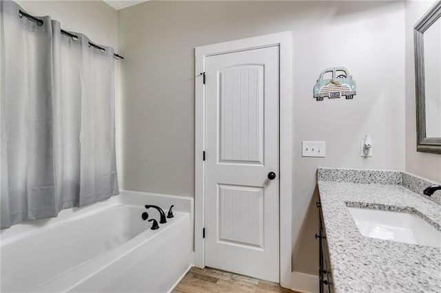 bathroom featuring vanity, a washtub, and wood-type flooring