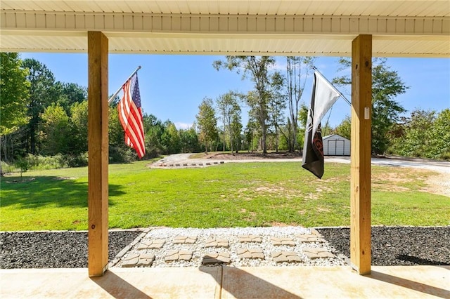 view of yard with a patio area and a storage unit