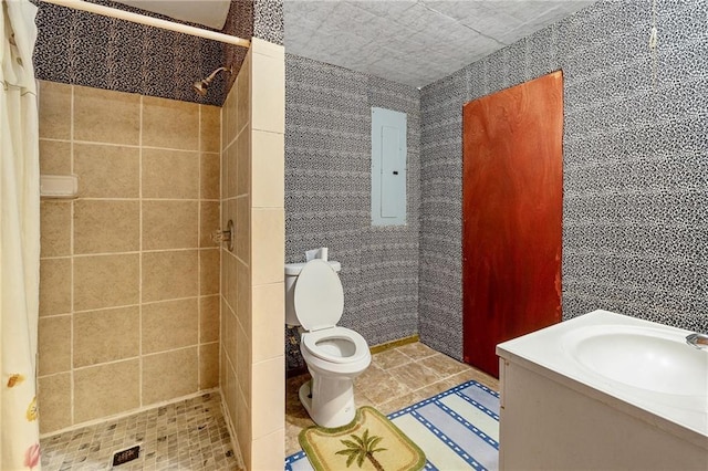 bathroom with vanity, curtained shower, electric panel, and toilet