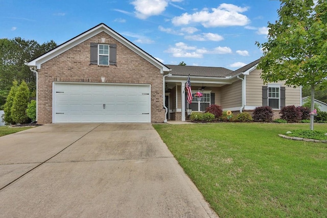 view of front facade featuring brick siding, concrete driveway, a front lawn, and covered porch