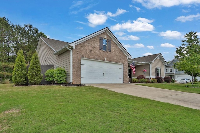 view of front of property featuring brick siding, concrete driveway, a front lawn, and an attached garage