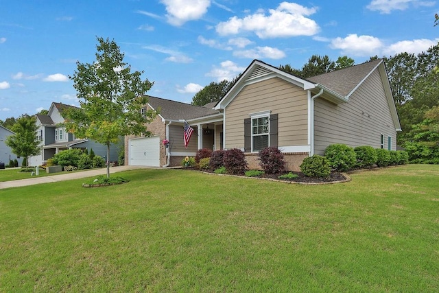 view of front of home featuring an attached garage, driveway, brick siding, and a front yard