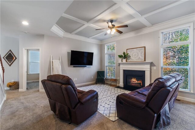 living room with ornamental molding, light carpet, and coffered ceiling