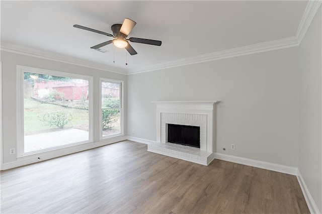 3807 Lance Bluff Ct, Duluth, GA 30097 - unfurnished living room featuring wood finished floors, ornamental molding, a fireplace, and ceiling fan