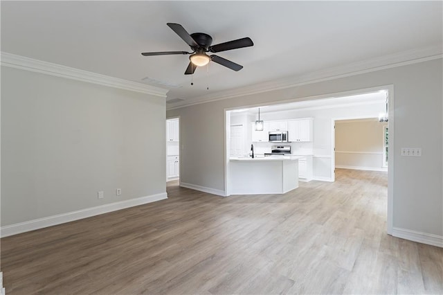 3807 Lance Bluff Ct, Duluth, GA 30097 - unfurnished living room with ornamental molding, light wood finished floors, and a ceiling fan