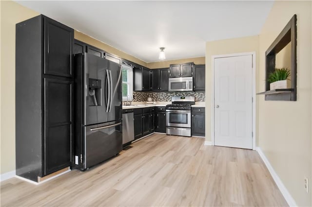 kitchen with appliances with stainless steel finishes, sink, light hardwood / wood-style floors, and decorative backsplash