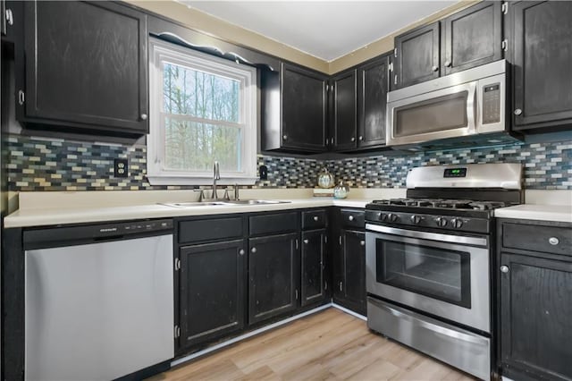 kitchen featuring stainless steel appliances, sink, decorative backsplash, and light hardwood / wood-style flooring