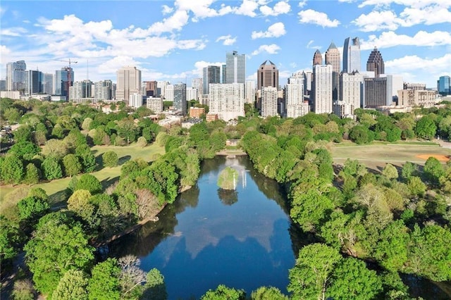 aerial view featuring a water view and a city view