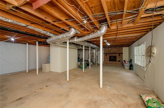 basement featuring a fireplace