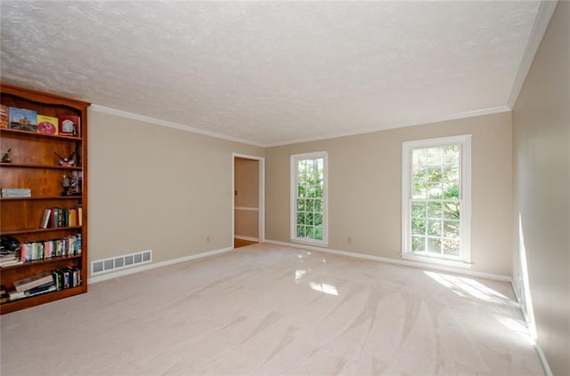 carpeted empty room featuring crown molding and a textured ceiling