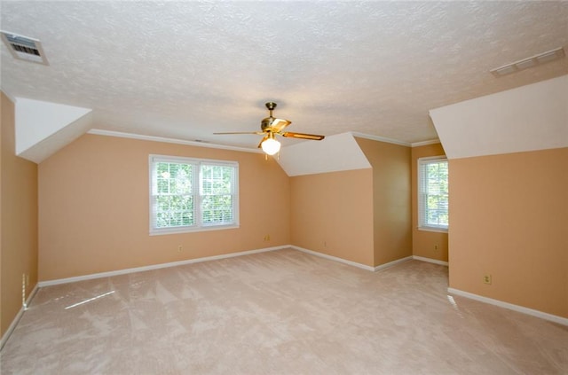 additional living space with ceiling fan, lofted ceiling, light carpet, and a textured ceiling