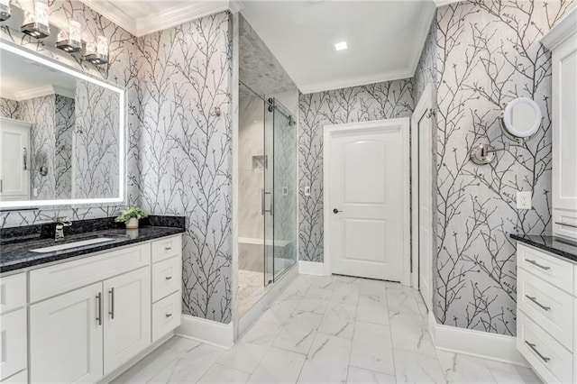 2444 Ballantrae Cir, Cumming, GA 30041 - bathroom featuring crown molding, wallpapered walls, a shower stall, and marble finish floor