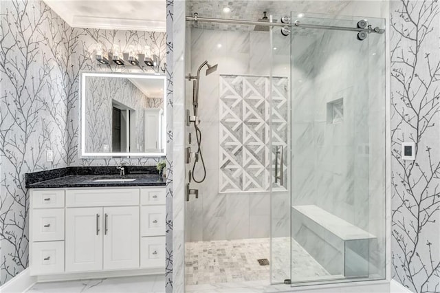2444 Ballantrae Cir, Cumming, GA 30041 - full bath featuring vanity, marble finish floor, a shower stall, and wallpapered walls