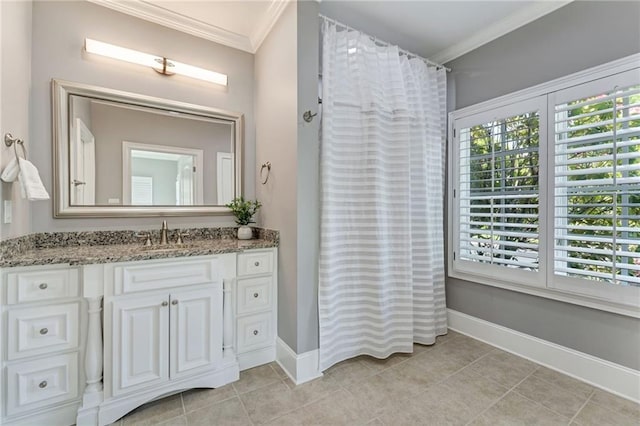 2444 Ballantrae Cir, Cumming, GA 30041 - full bathroom with crown molding, baseboards, vanity, tile patterned floors, and a shower with shower curtain