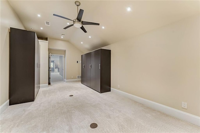2444 Ballantrae Cir, Cumming, GA 30041 - bonus room with visible vents, light carpet, baseboards, a ceiling fan, and vaulted ceiling