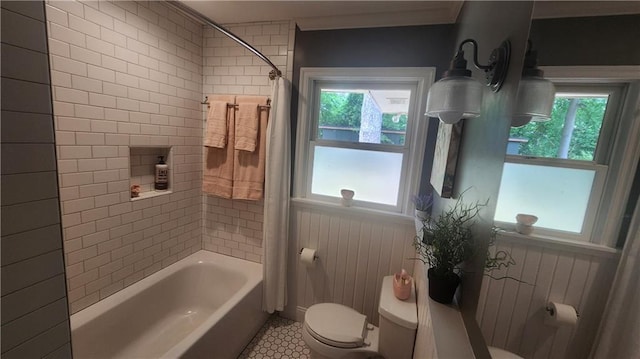 2132 Clairmont Rd, Brookhaven, GA 30033 - bathroom featuring toilet, shower / bathtub combination, a healthy amount of sunlight, and tile patterned floors