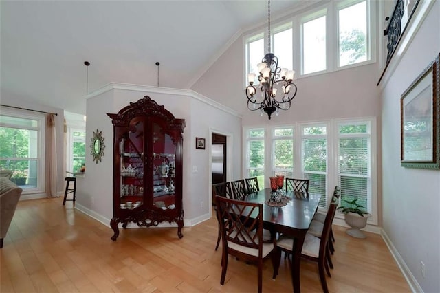 825 Chalet Hls, Mcdonough, GA 30253 - dining room featuring a chandelier, plenty of natural light, high vaulted ceiling, and light wood-type flooring