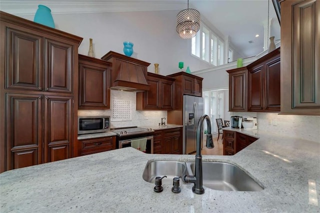 825 Chalet Hls, Mcdonough, GA 30253 - kitchen with stainless steel appliances, custom range hood, light stone countertops, decorative backsplash, and crown molding
