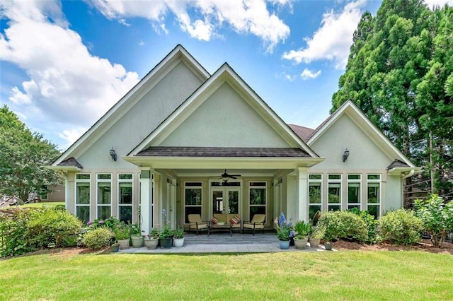 825 Chalet Hls, Mcdonough, GA 30253 - back of property with stucco siding, a yard, a ceiling fan, and french doors