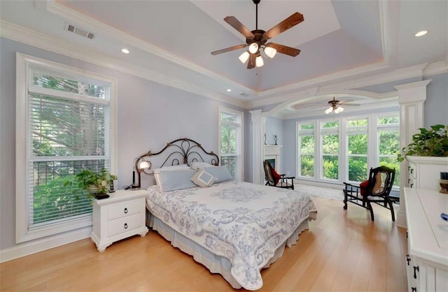 825 Chalet Hls, Mcdonough, GA 30253 - bedroom with multiple windows, a raised ceiling, light wood-style flooring, and crown molding