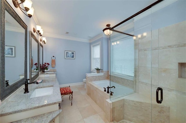 825 Chalet Hls, Mcdonough, GA 30253 - full bath featuring a bath, vanity, ornamental molding, tile patterned floors, and a stall shower
