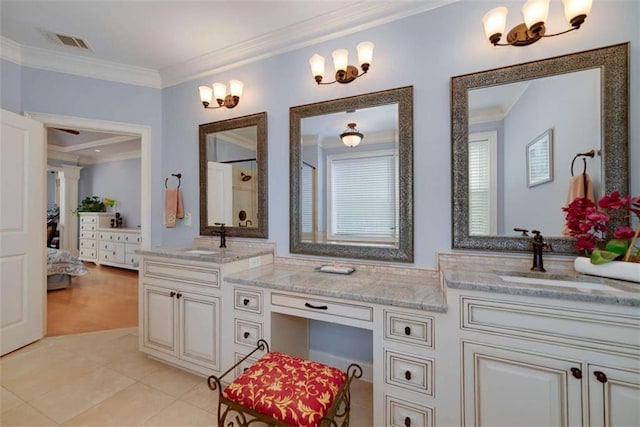 825 Chalet Hls, Mcdonough, GA 30253 - bathroom with ornamental molding, tile patterned floors, vanity, and connected bathroom