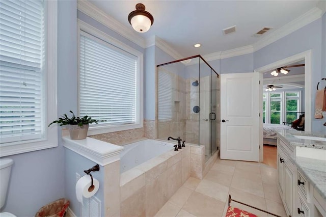 825 Chalet Hls, Mcdonough, GA 30253 - ensuite bathroom with a jetted tub, a stall shower, vanity, a ceiling fan, and crown molding