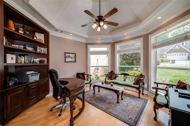 825 Chalet Hls, Mcdonough, GA 30253 - home office featuring a raised ceiling, a ceiling fan, healthy amount of natural light, crown molding, and light wood-style flooring