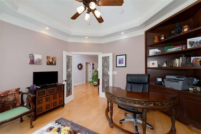 825 Chalet Hls, Mcdonough, GA 30253 - office with a tray ceiling, a ceiling fan, light wood-style flooring, crown molding, and recessed lighting