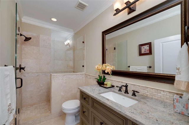 825 Chalet Hls, Mcdonough, GA 30253 - bathroom featuring ornamental molding, a stall shower, vanity, tile patterned flooring, and recessed lighting