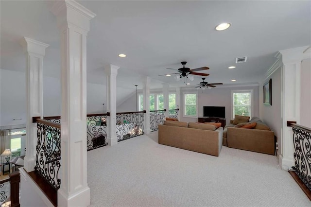 825 Chalet Hls, Mcdonough, GA 30253 - living room with ornate columns, ceiling fan, carpet flooring, and recessed lighting