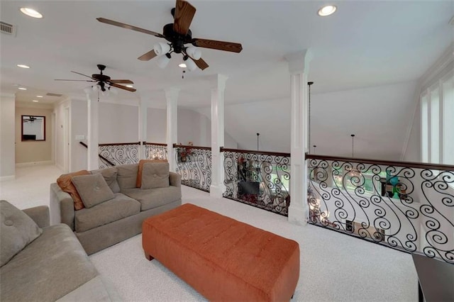 825 Chalet Hls, Mcdonough, GA 30253 - carpeted living room featuring a ceiling fan, recessed lighting, and decorative columns