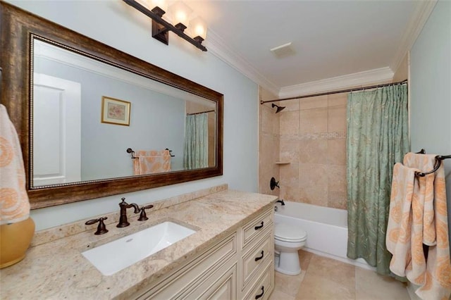 825 Chalet Hls, Mcdonough, GA 30253 - bathroom featuring vanity, shower / tub combo with curtain, crown molding, and tile patterned flooring